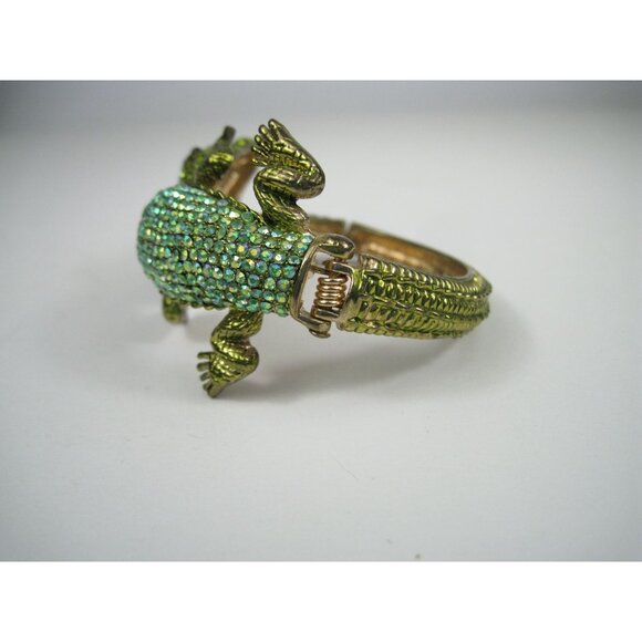 Gold Tone Crocodile Green Crystal Hinged Bangle Bracelet Sparkly Jewelry - Picture 8 of 12